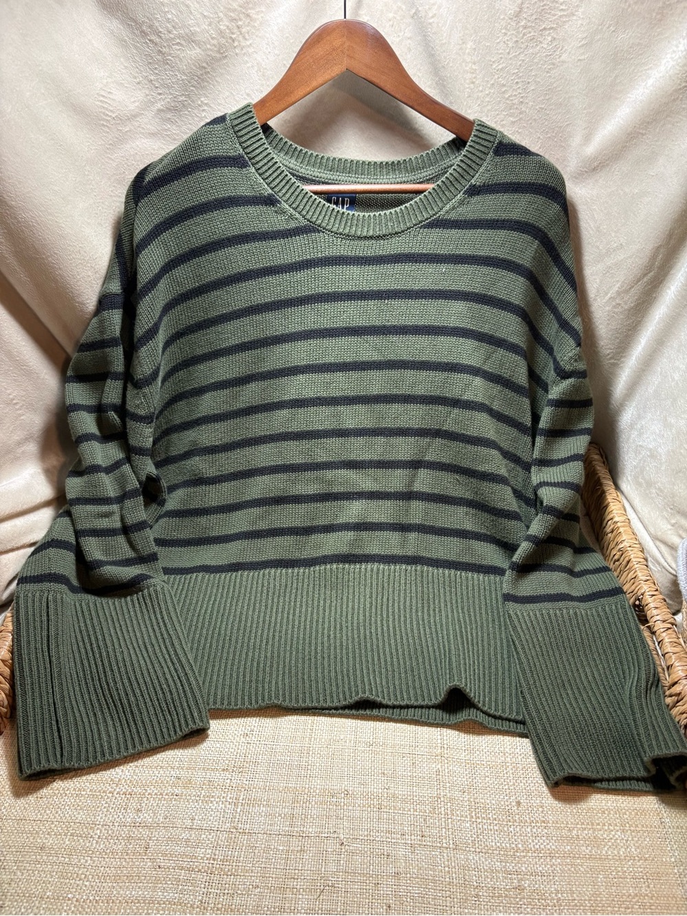 GAP Size L Olive Green Black Striped Oversized Knit Sweater Y2K